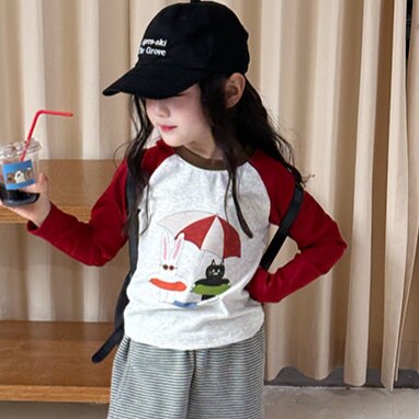 女童长袖T恤韩版卡通印花撞色插肩袖中大童宽松圆领洋气打底衫潮