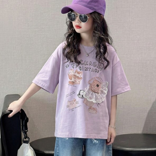 女童短袖t恤2026新款夏季洋气纯棉上衣中大童宽松休闲百搭半袖潮