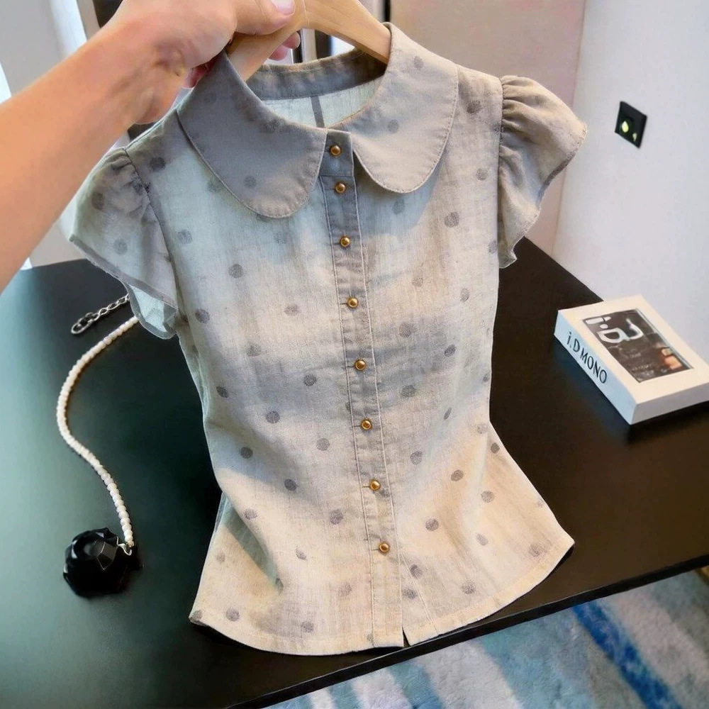 法式温柔风灰色波点娃娃领短袖衬衫女通勤显瘦百搭上衣超好看时尚