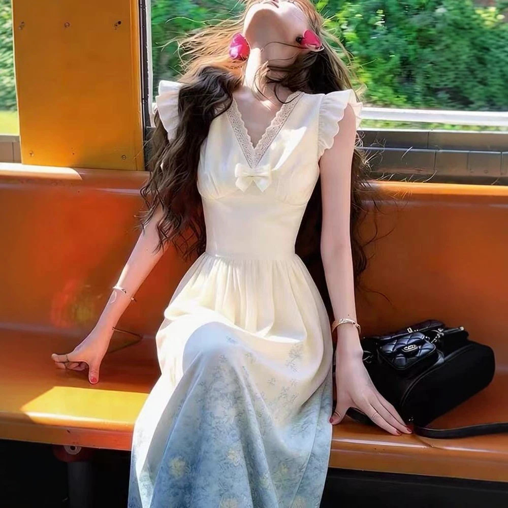 法式渐变色收腰小飞袖连衣裙女2026新款夏日精致绝美修身显瘦长裙
