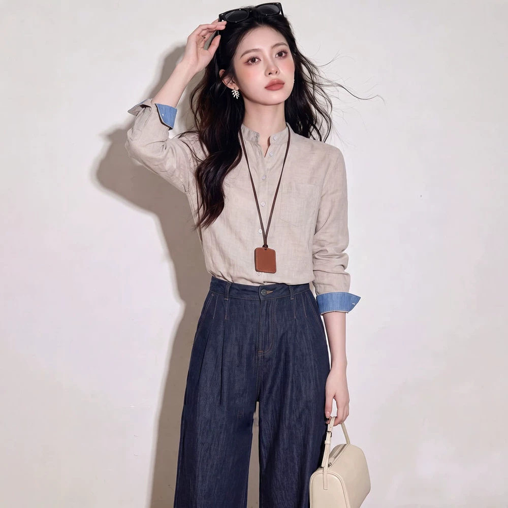 通勤高智感穿搭燕麦色衬衫牛仔裤两件套装秋季新款女装穿搭一整套