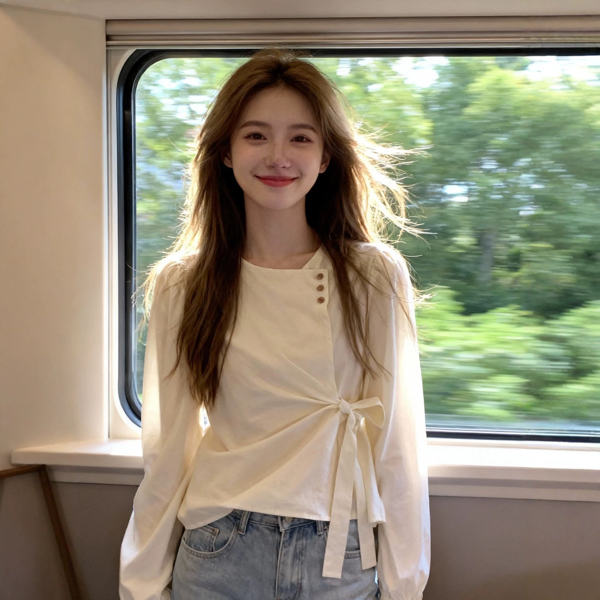 显瘦衬衫秋季新款女装斜襟系带收腰设计感小众衬衣通勤风长袖上衣