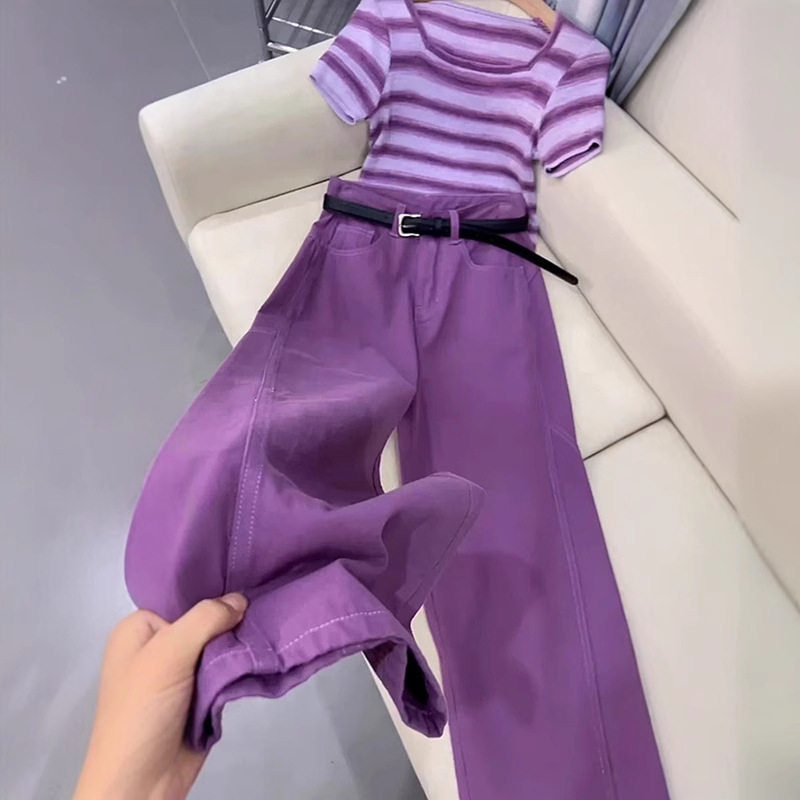 2025夏季穿搭一整套高级感洋气时尚多巴胺紫色上衣阔腿裤两件套装