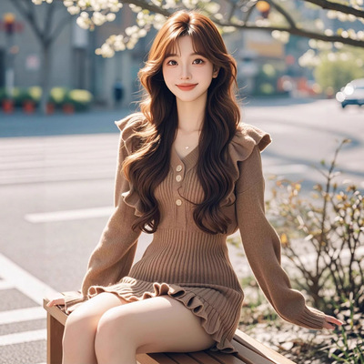 显瘦连衣裙女秋冬韩版百搭收腰显瘦a字裙甜美长袖木耳边针织裙子