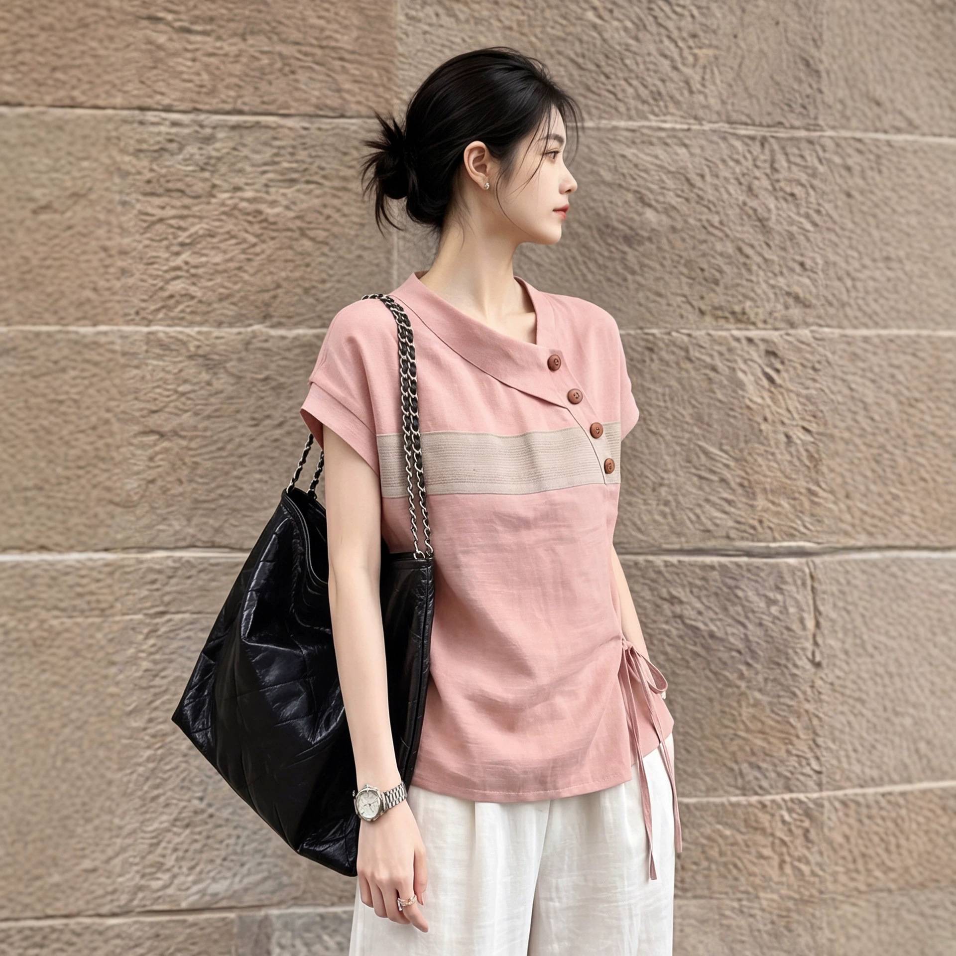 粉色不规则斜襟短袖衬衫女士2026夏季新款轻奢高级感收腰显瘦上衣