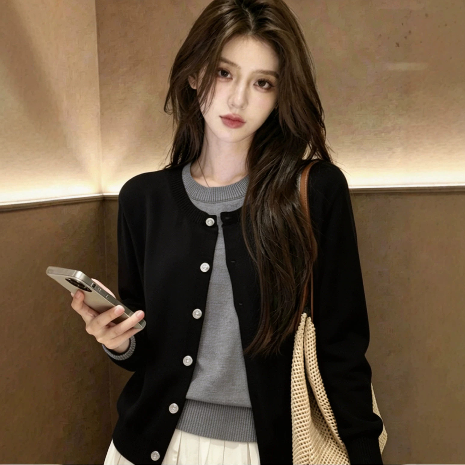 灰色小香假两件毛衣开衫外套女装新款上衣外搭小个子长袖针织上衣