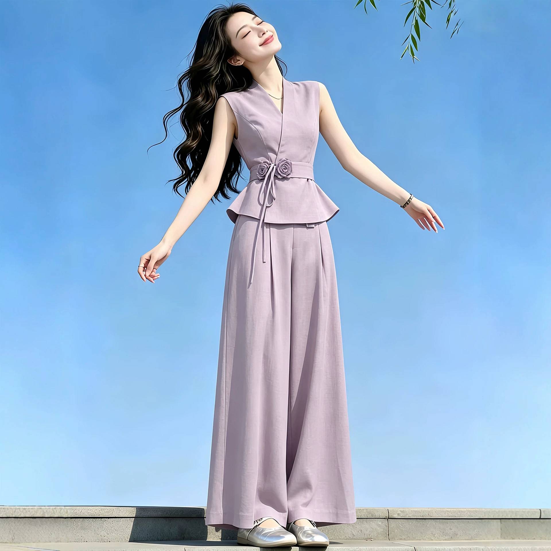 夏季新款紫色温柔高知淡人一整套穿搭女小资V领上衣阔腿裤两件套