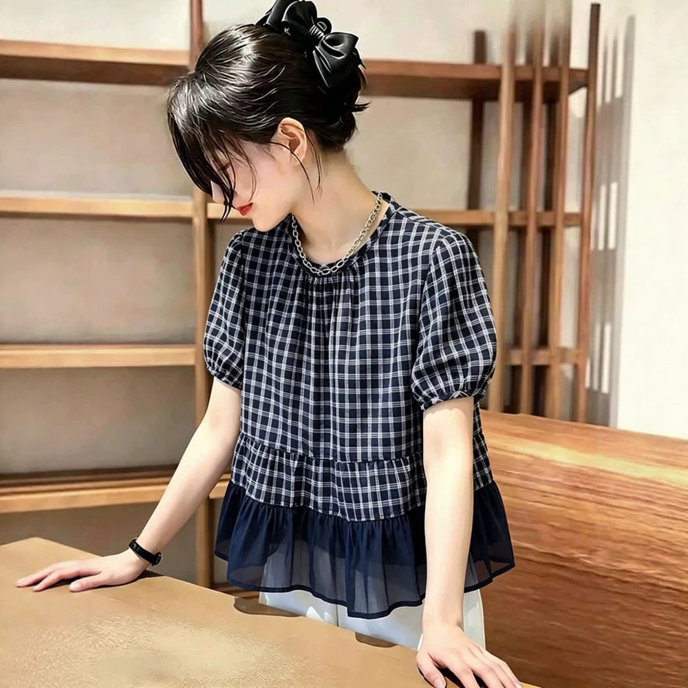 蝴蝶结荷叶边格子泡泡袖衬衫女2026夏季新款时尚气质减龄娃娃衬衣