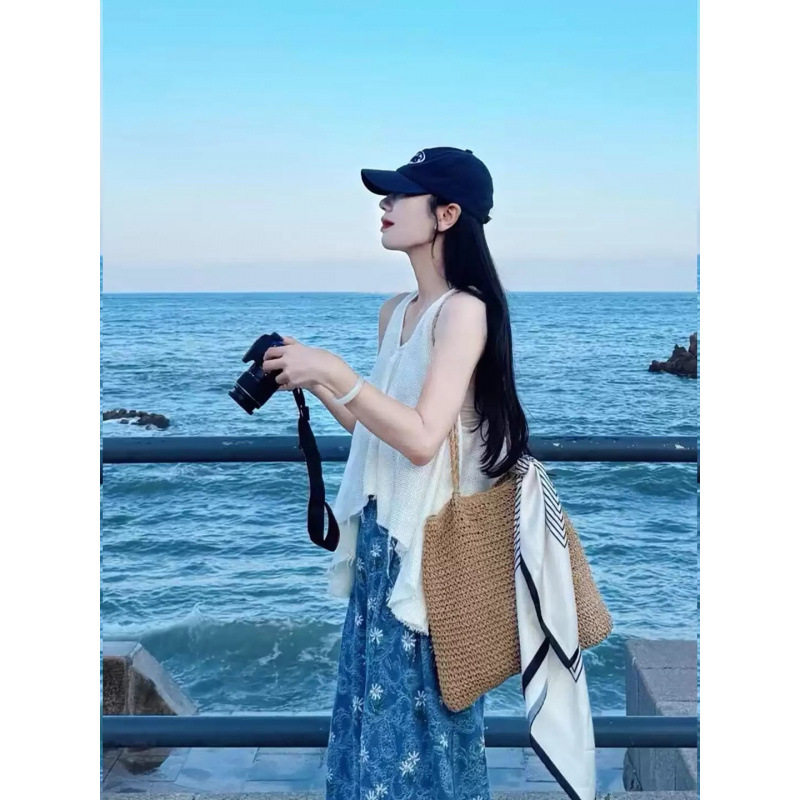 度假风不规则V领背心阔腿裤两件套女夏松弛感垂感碎花裤休闲套装