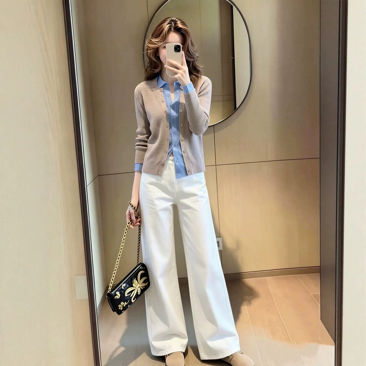 秋装女装时尚套装设计感宽松显瘦撞色假两件长袖针织牛仔裤两件套