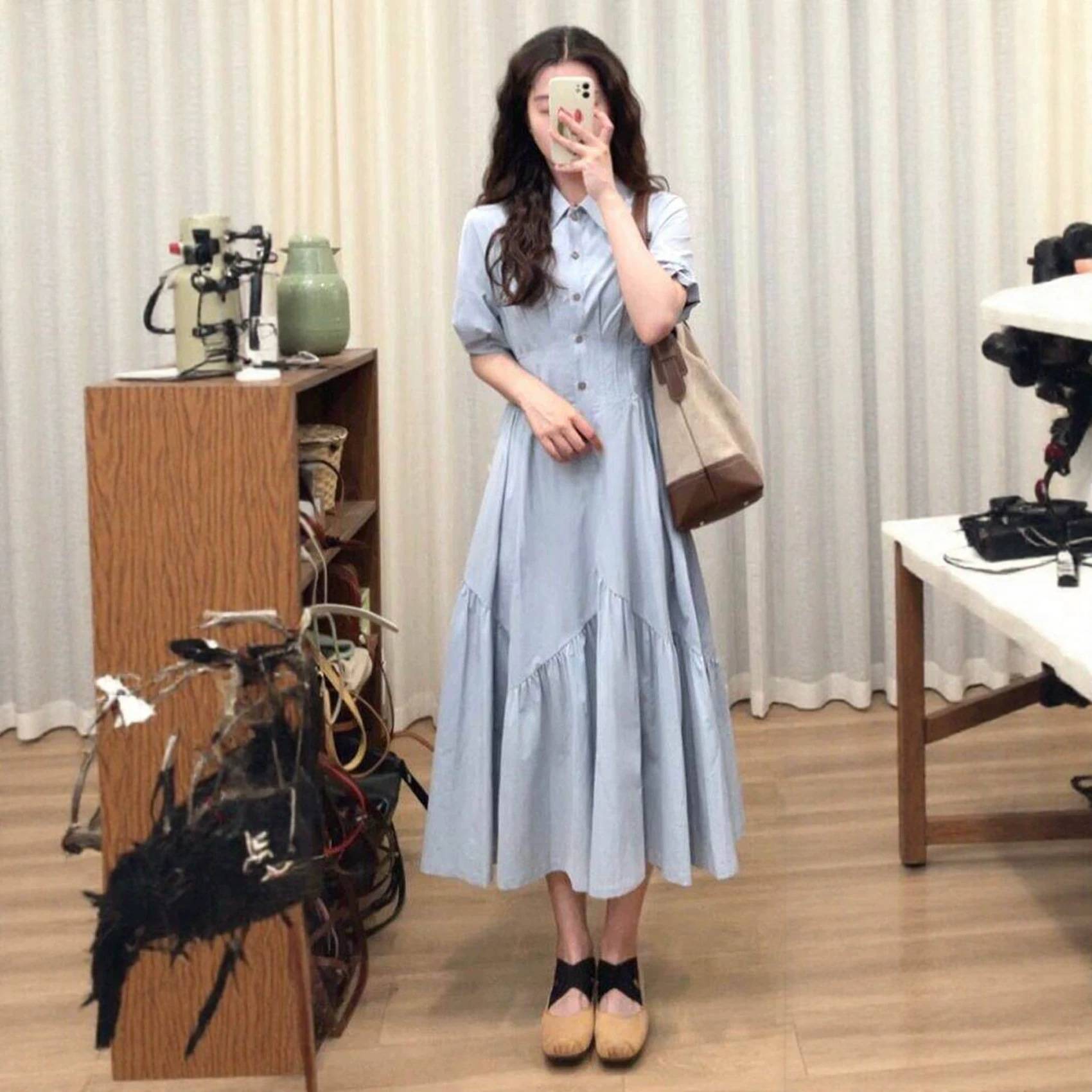 法式蓝色连衣裙女夏设计感小众气质收腰显瘦温柔风小个子翻领长裙