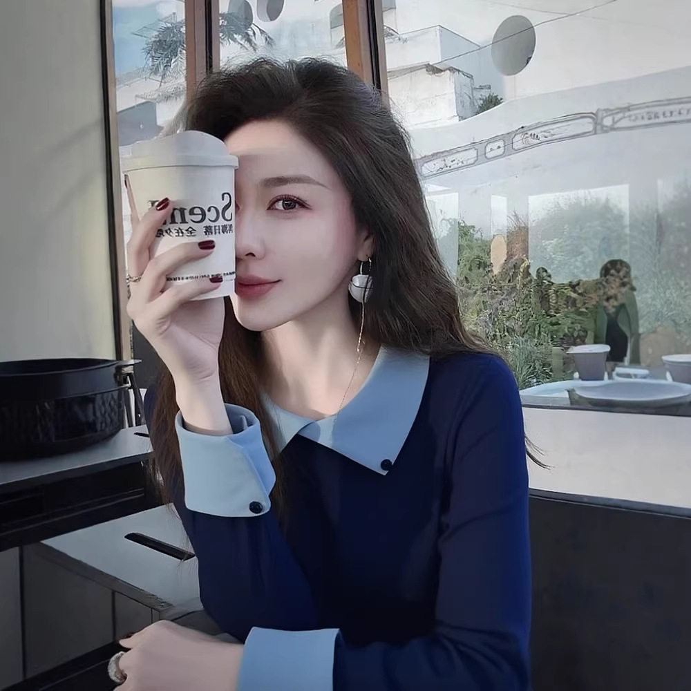 秋冬显瘦别致polo领正肩打底衫女内搭设计感撞色拼接修身长袖上衣