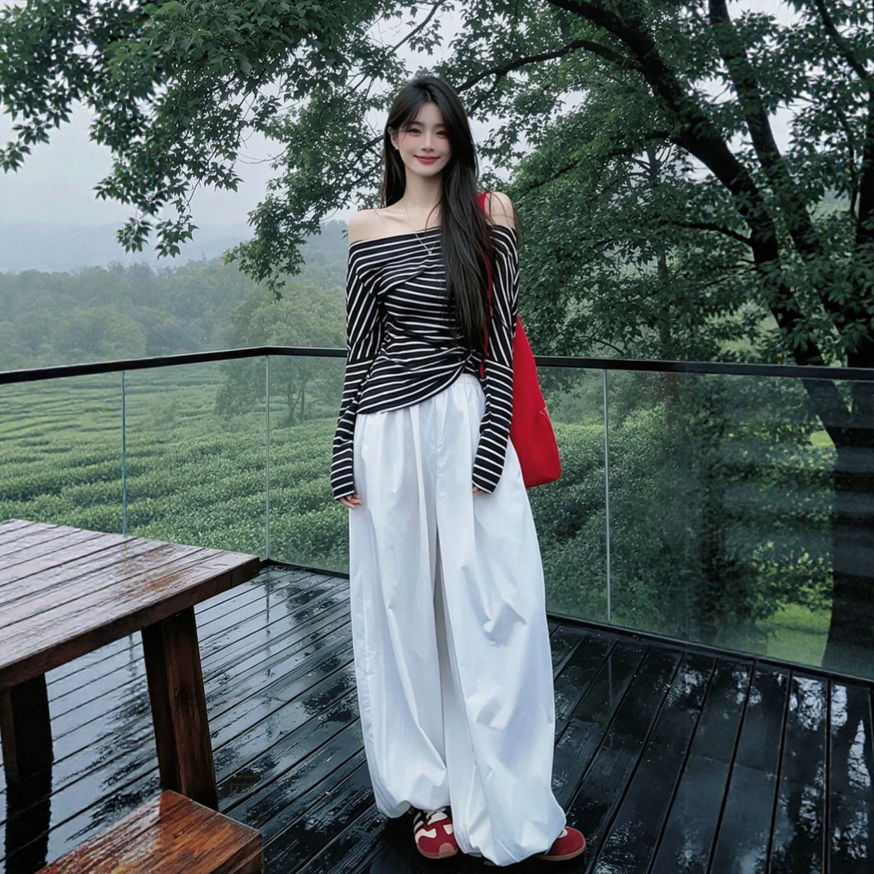 韩系早秋女装穿搭一整套2026新款一字肩条纹上衣女阔腿裤两件套装