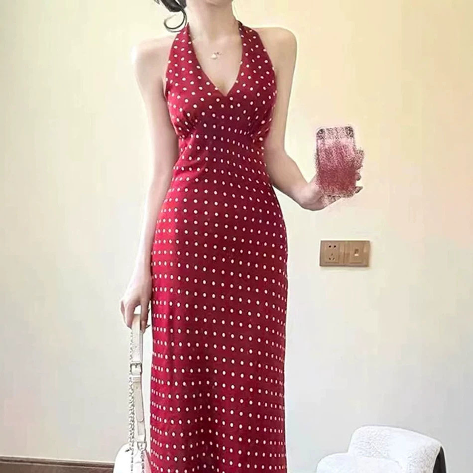 法式纯欲红色波点领挂脖连衣裙子女设计感露背无袖背心长裙夏季