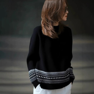 2026新款韩系慵懒风费尔岛厚实半高领提花黑色毛衣女冬内搭可外穿