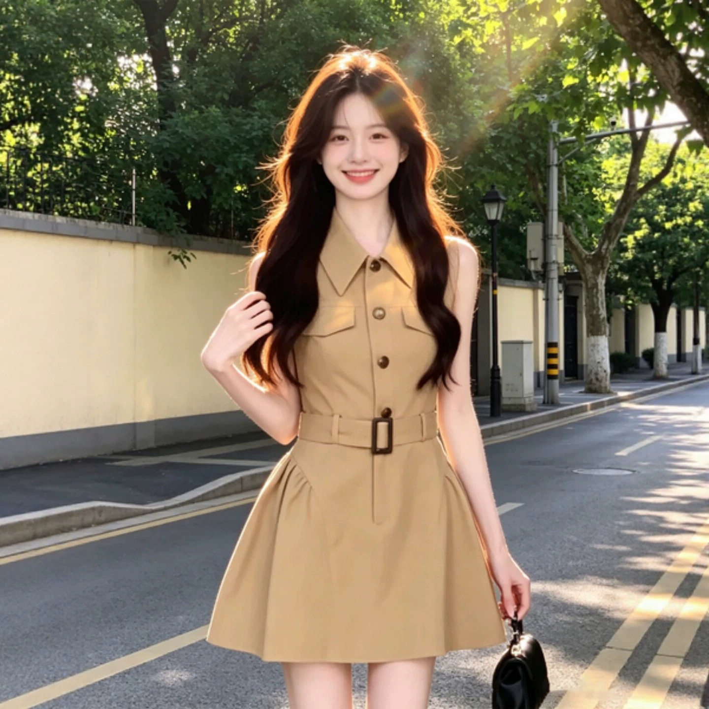 法式复古卡其背心连衣裙子女夏季2026新款巨好看收腰a字工装短裙
