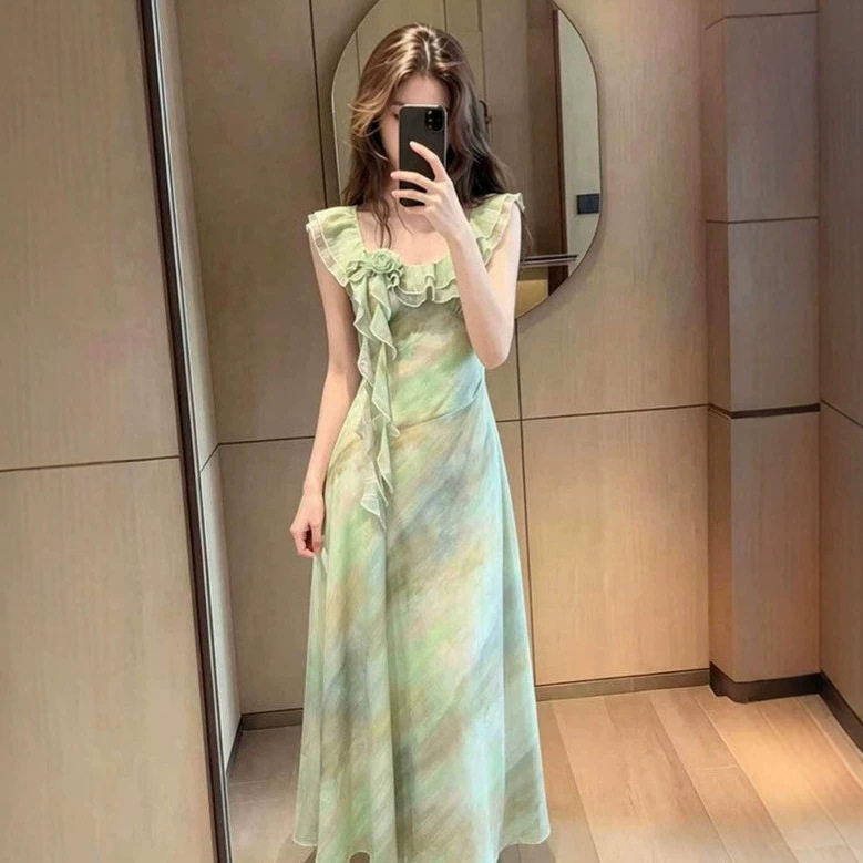 小众设计超漂亮荷叶边连衣裙海边度假长裙女装法式绝美夏新款裙子