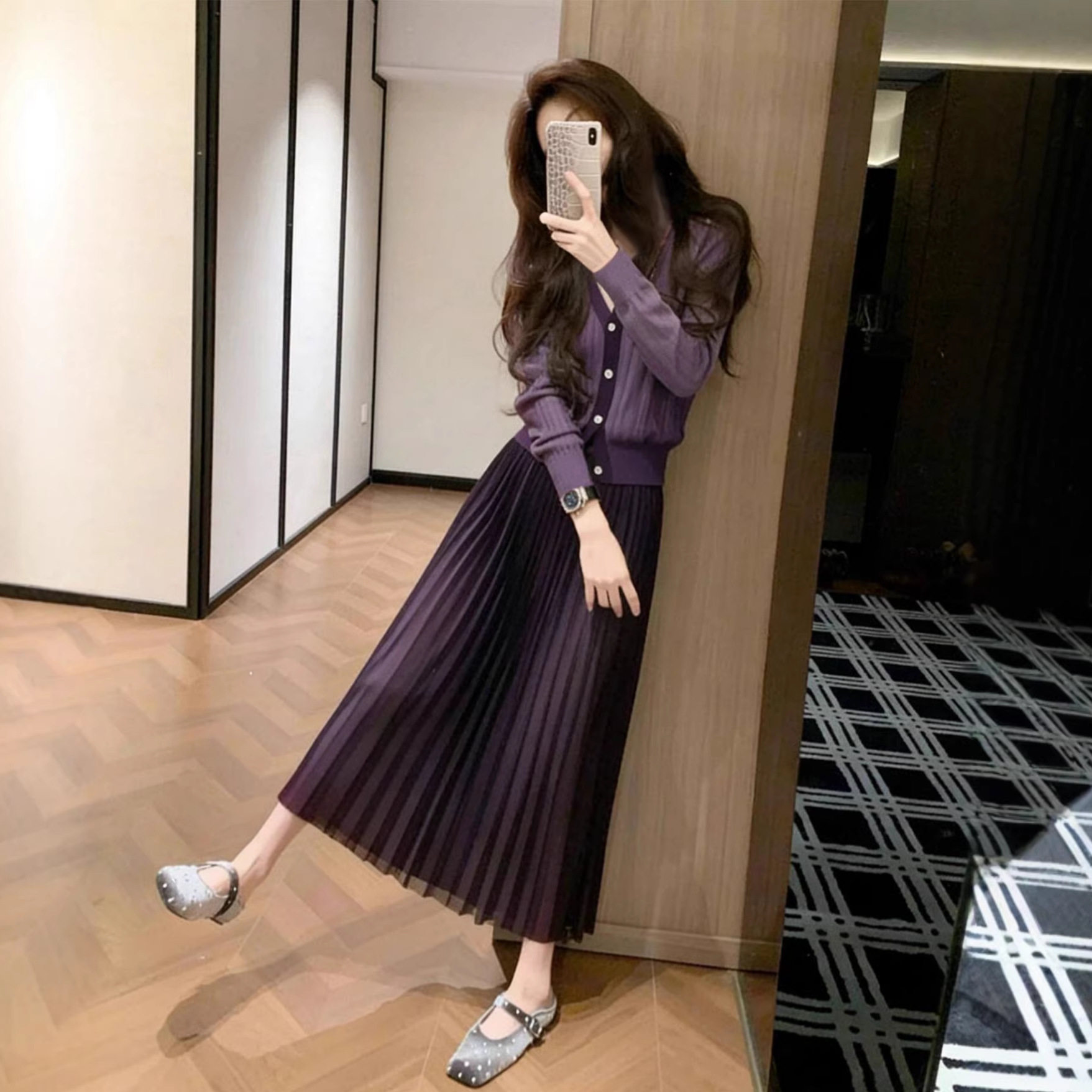 小个子气质显瘦高级感显瘦紫色针织开衫半身裙2026春季新款套装女