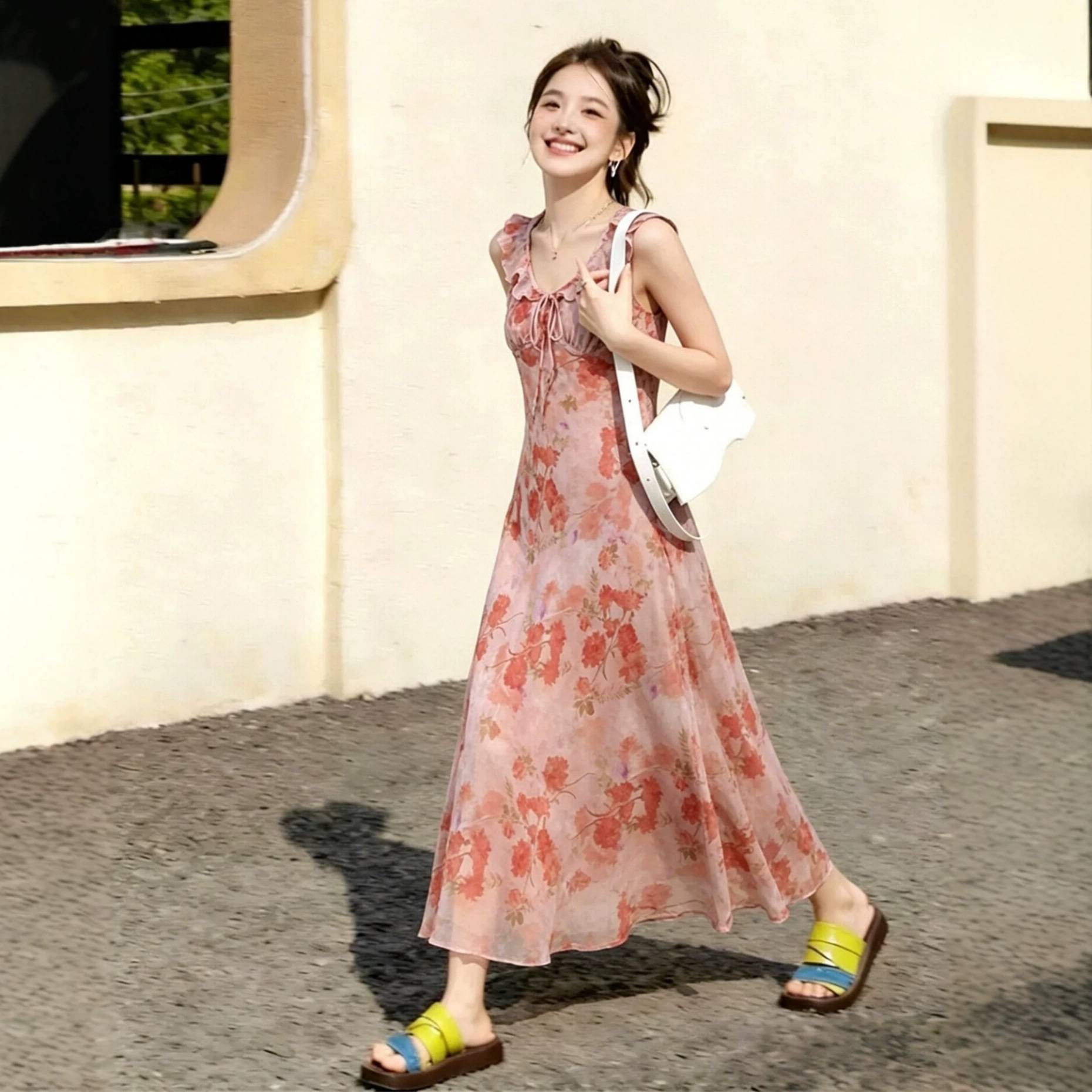 2026夏爆款法式温婉优雅荷叶边飘逸显瘦印花长裙子收腰显瘦连衣裙