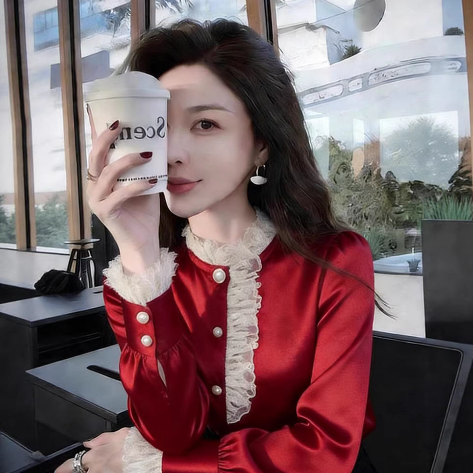 2026新年红色衬衫女秋冬高级感轻奢减龄洋气独特别致法式小资上衣
