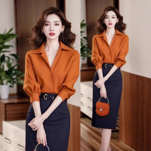 2026超火春季搭配一整套气质减龄小香风高级感桔色衬衫半身裙套装