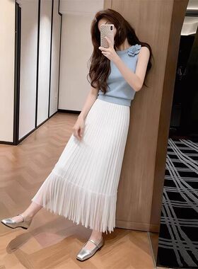 气质蓝色上衣半身裙子两件套女2026夏季小个子漂亮无袖穿搭一整套