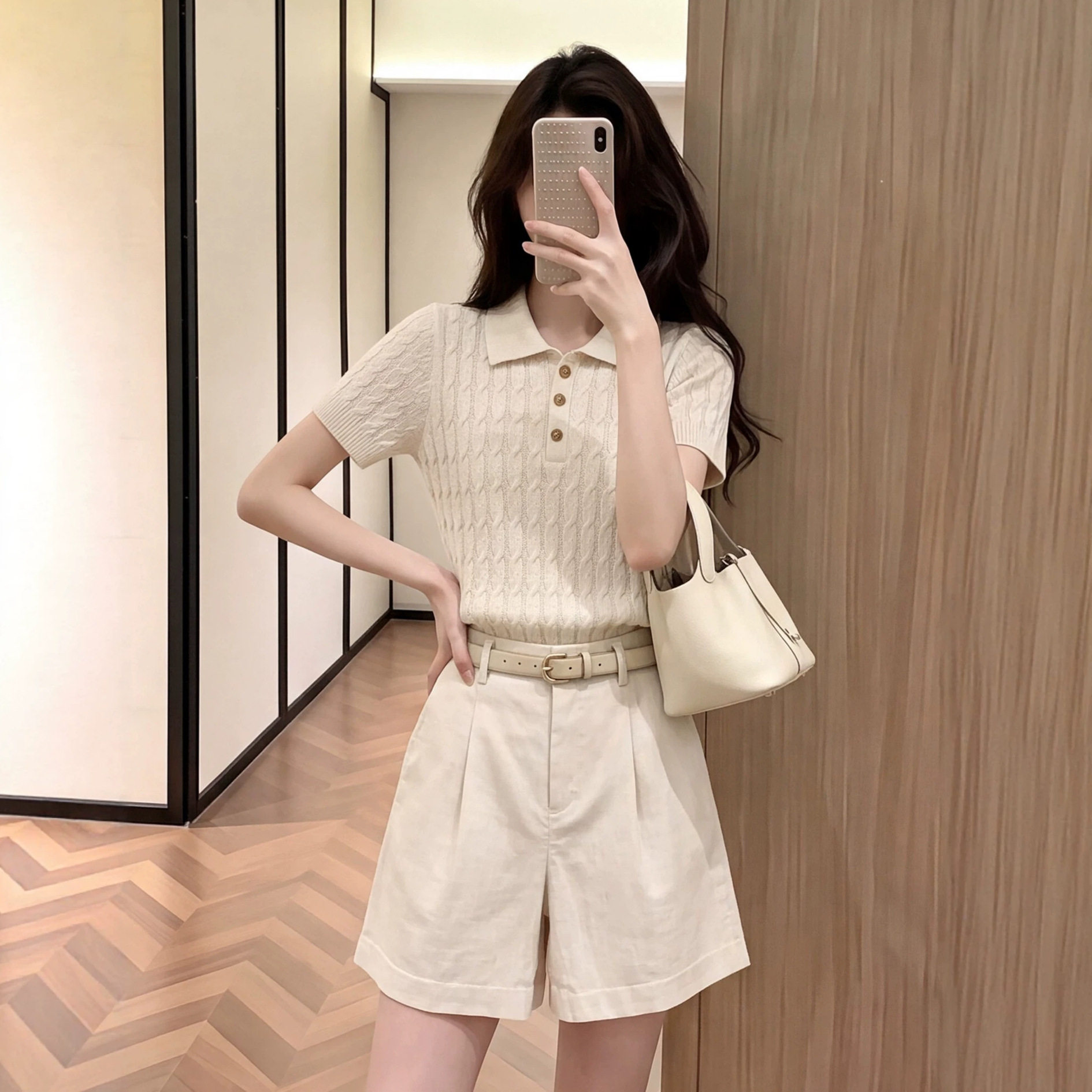 巨好看的穿搭一整套夏季女杏色polo翻领短袖t恤休闲裤子两件套装