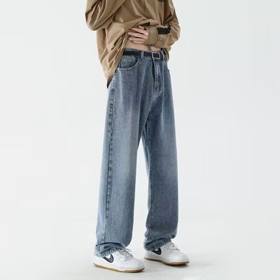 复古色牛仔裤男秋冬款皮带款2025新款宽松直筒裤男生休闲裤子男款