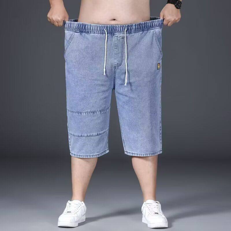 松紧腰抽绳牛仔短裤男士夏季弹力胖子大码宽松五分裤可系皮带马裤