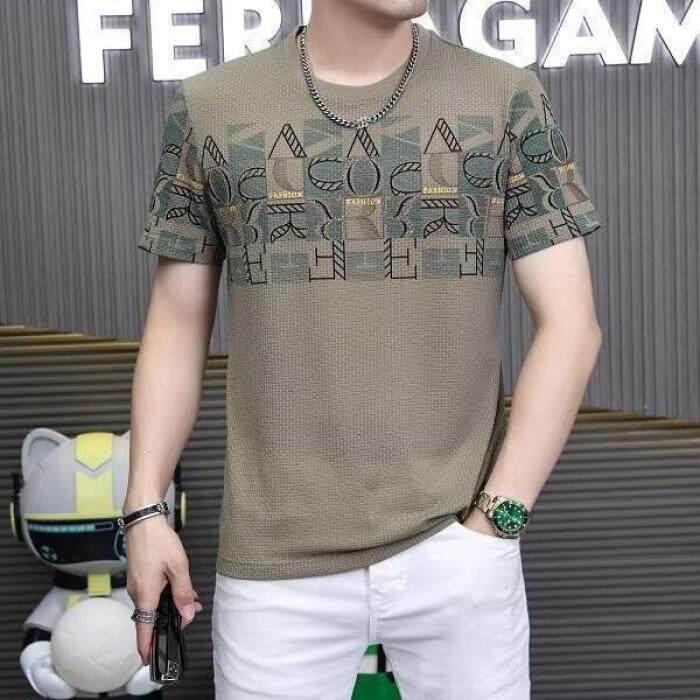 高品质男士时尚个性夏季潮流修身印花速干冰丝短袖T恤轻奢半袖男