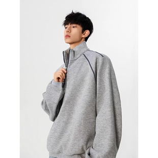 美式半高领拉链夹克外套男秋季宽松廓形立领卫衣潮牌休闲运动上衣