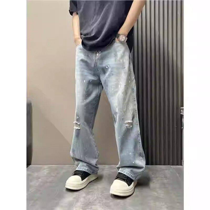 闪亮烫钻设计拼接休闲牛仔裤男春新款高腰宽松显瘦百搭直筒阔腿裤