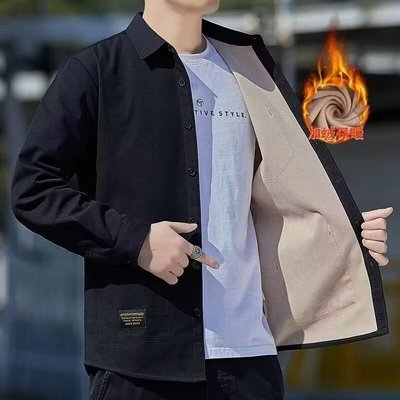 秋冬男士长袖衬衫2025新款爆款潮牌翻领休闲加绒衬衣外套上衣男款