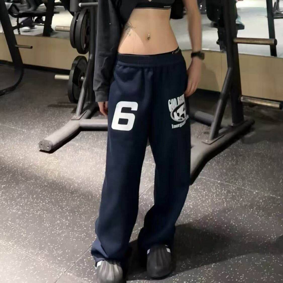 美式街头运动风蓝色慵懒版型宽松阔腿休闲裤男女字母印花直筒卫裤