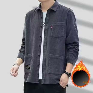 灯芯绒长袖衬衫男士秋冬季日系复古中青年加绒加厚休闲衬衣外套潮