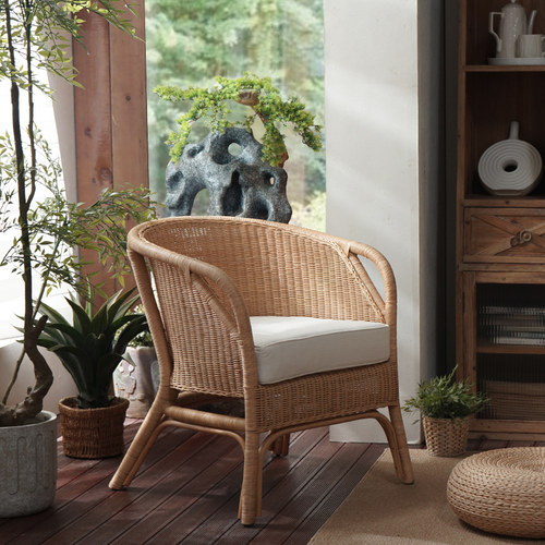印尼藤编单人椅民宿家用藤椅阳台花园休闲椅真藤靠背椅圈椅洽谈椅