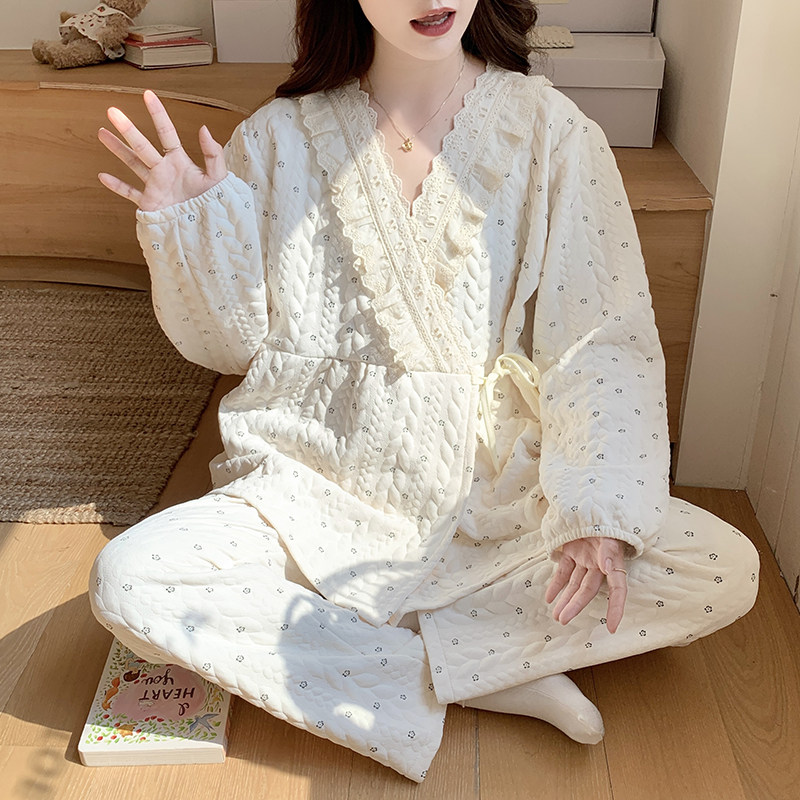 空气棉和服月子服秋冬季大码夹层孕妇睡衣产后喂奶哺乳纯棉家居服