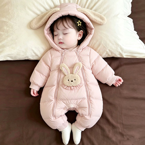 女宝宝连帽加厚羽绒连体衣兔子
