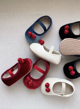 秋冬新款婴儿樱桃女宝宝公主鞋丝绒百搭软底百日周岁宴步前鞋春款