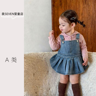 韩版春款女童宝宝卡通连帽卫衣牛仔背带裙套装女春季吊带裙两件套