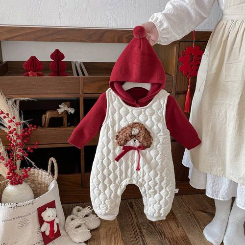 韩版冬季新款婴儿夹棉加绒套装