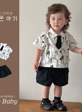 男童洋气时髦套装夏季周岁领带卡通衬衫短袖工装裤潮儿童帅气童装