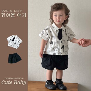 男童洋气时髦套装夏季周岁领带卡通衬衫短袖工装裤潮儿童帅气童装