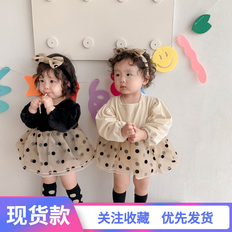 秋冬季婴儿波点公主裙加绒生日宴套装女宝百天包屁蓬蓬裙周岁礼服