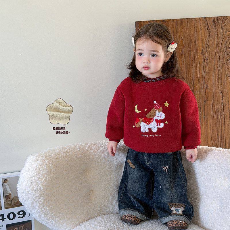 女童红色一体绒卫衣冬季加厚