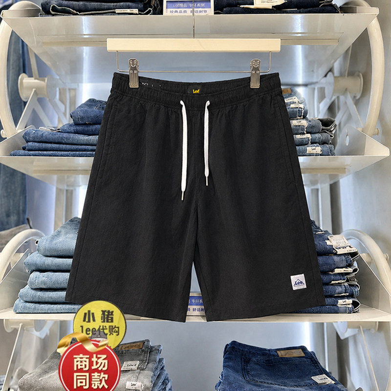 Lee商场款夏休闲短裤宽松版黑色系带运动短裤透气舒适百搭松紧腰