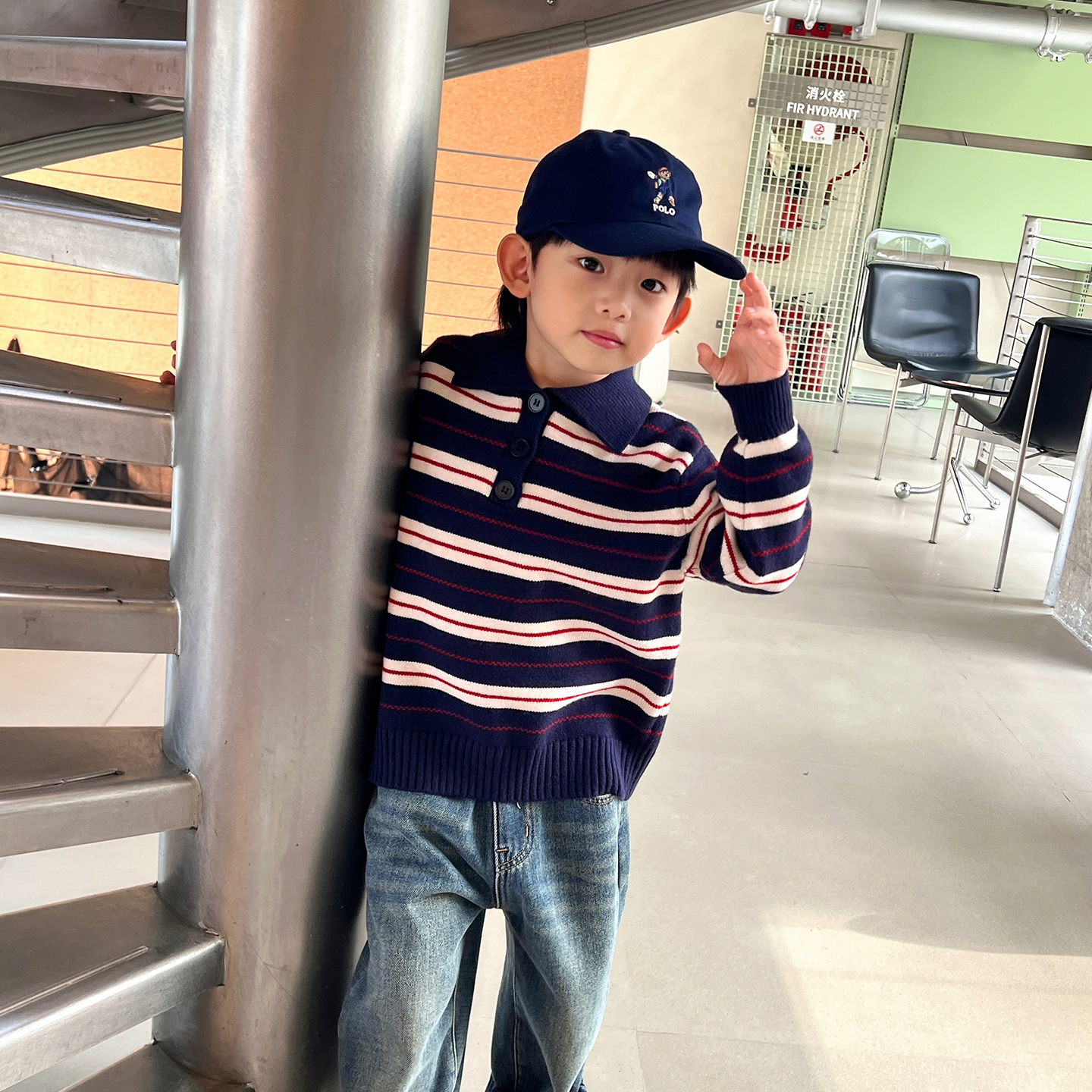 儿童条纹毛衣2025冬装新款男童韩版翻领针织衫男孩加厚打底线衫