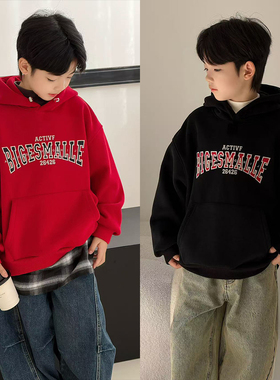 大E小e童装儿童加绒卫衣2025冬装中大童韩版加厚新年红帽衫25263