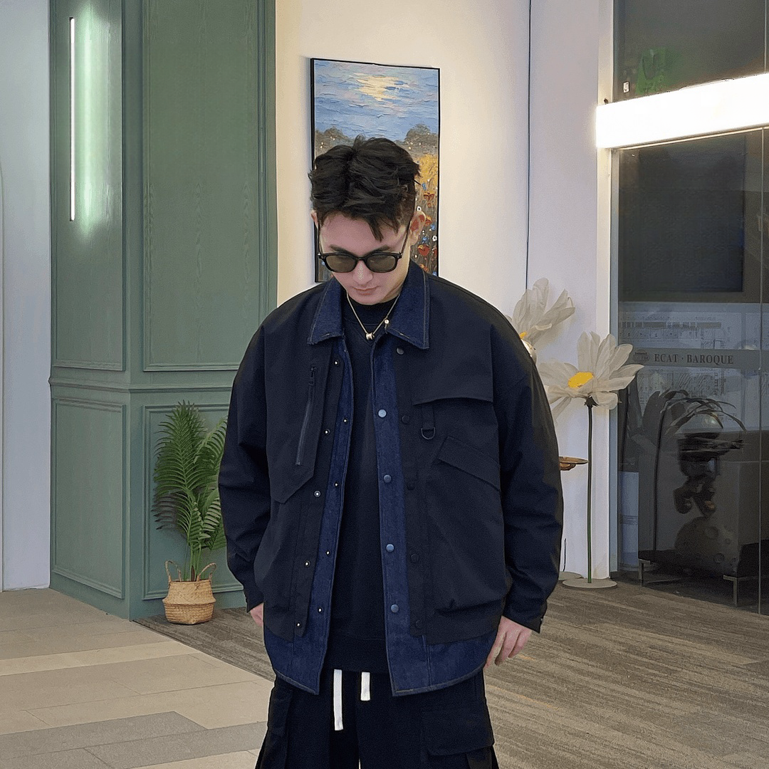 新款春秋季男士拼接牛仔假两件外套时尚潮流宽松翻领情侣工装夹克,男装,夹克,淘宝优惠券,粉丝福利购,淘宝优惠卷