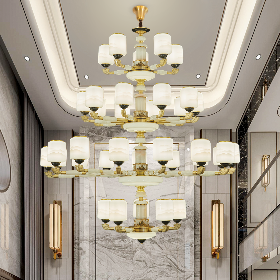 新中式全铜玉石别墅复式楼长大吊灯客厅灯大厅楼中楼跃层挑空45层